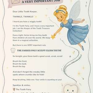 May include: A printed letter titled LETTER 1 A VERY IMPORTANT JOB featuring a cartoon fairy with blonde hair and blue dress, and a smiling tooth character. The text instructs children to brush their teeth, signed by The Tooth Fairy.
