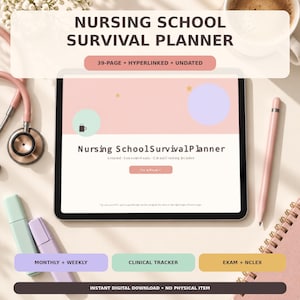 看護学生向けデジタルプランナー、ハイパーリンク付き看護学校プランナー、日付なし臨床実習、NCLEX試験トラッカー、Goodnotes PDF