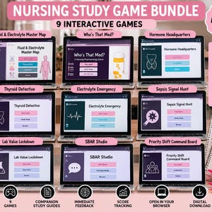 Op de afbeelding: Een verpleegkundig studie-spellenpakket met negen interactieve HTML-spellen op laptopschermen. Titels zijn onder andere Fluid & Electrolyte Master Map, Who's That Med?, Hormone Headquarters, Thyroid Detective, Electrolyte Emergency, Sepsis Signal Hunt, Lab Value Lockdown, SBAR Studio en Priority Shift Command Board.