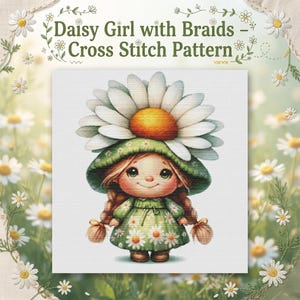 Daisy Girl with Braids Cross Stitch Pattern Modern Flower Girl Embroidery Chart Cute Floral Needlepoint PDF