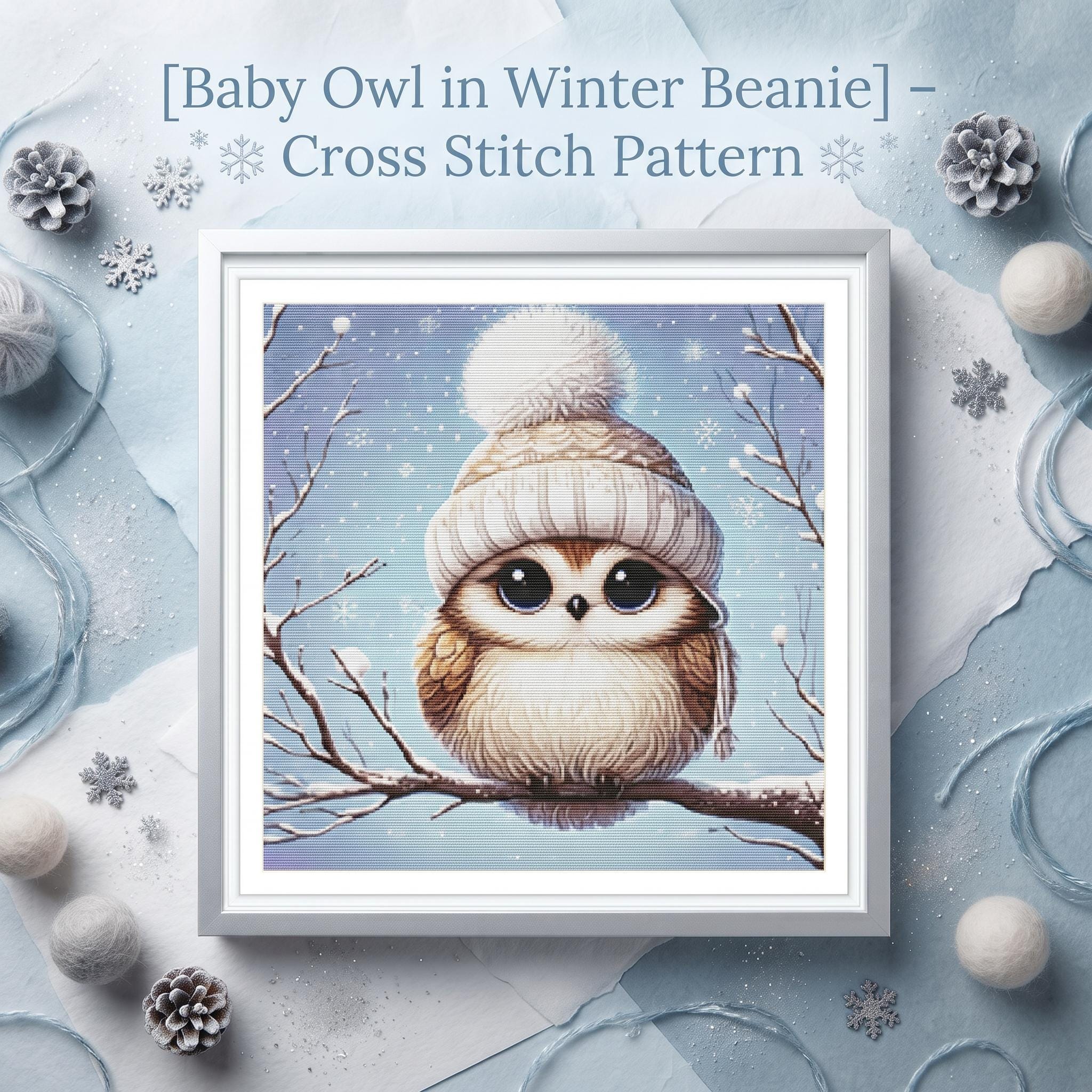 Baby Owl Cross Stitch Pattern Winter Beanie Animal Embroidery Chart Modern Counted Needlepoint PDF