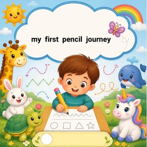 May include: A colorful educational activity sheet titled my first pencil journey featuring a child writing with a yellow pencil. The scene includes a giraffe, rabbit, turtle, whale, and unicorn, all set against a blue sky with a sun and rainbow.