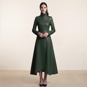 Handmade Green Leather Maxi Coat | Fitted Trench Dress, Winter Outerwear