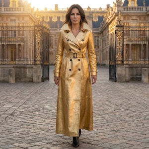 May include: A long, metallic gold trench coat featuring a double-breasted front with dark buttons, a wide collar, and a matching belt with a rectangular buckle at the waist. The coat has long sleeves with buckled straps at the cuffs and a full-length hem.
