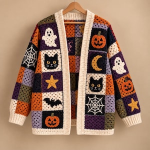 May include: A long-sleeve crochet cardigan featuring a patchwork design of Halloween-themed motifs including white ghosts, orange pumpkins, black cats, yellow stars, spider webs, and a yellow crescent moon on purple, orange, and black squares.