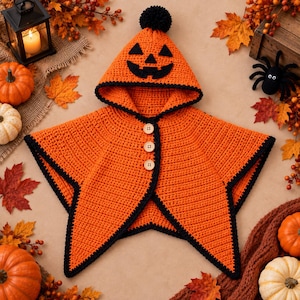 May include: An orange crochet hooded poncho featuring a black jack-o'-lantern face on the hood, a black pom-pom on top, and three light-colored wooden buttons down the front. The garment has a black crocheted border along the edges.