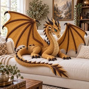 May include: A large, handcrafted crochet dragon plush toy featuring a golden-yellow body with dark brown accents on the wings, tail, and back spikes. The creature has bright blue eyes, a long neck, and expansive, detailed wings spread wide.