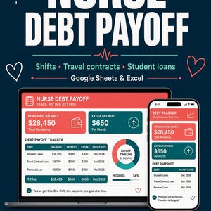 May include: A digital debt tracker template for nurses displayed on a laptop and smartphone screen. The interface features sections for remaining balance, extra payments, and a debt payoff tracker with tables for student loans and travel contracts.