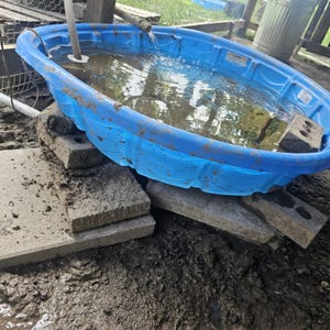 以下が含まれることがあります： 水で満たされた鮮やかな青いプラスチック製のプールが、灰色のコンクリートブロックの積み重ねの上に設置されています。金属製のパイプが水中に伸びており、上部の水源から小さな水流がプールに流れ込み、水面に波紋を作り出しています。