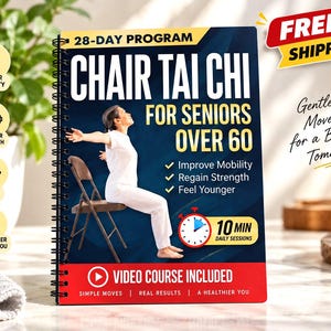 May include: A spiral-bound book titled 28-Day Program Chair Tai Chi for Seniors Over 60. The cover features a person in white clothing sitting on a chair, text about improving mobility and strength, a 10-minute timer icon, and Video Course Included.