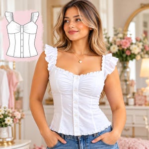 Ruffle Strap Top Sewing Pattern PDF, Women’s Blouse Template, Corset Style Bodice, Instant Download