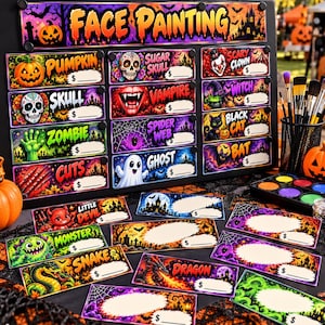 Op de afbeelding: Een schminkmenu-bord met Halloween-thema ontwerpen zoals pompoenen, schedels en geesten. Het display bevat meerdere rechthoekige kaarten met kleurrijke illustraties, tekstlabels en lege ruimtes voor prijzen, naast een houder met penselen.