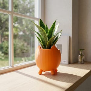 May include: A bright orange, round, three-legged planter with small pointed ears on the rim, containing a green snake plant with variegated leaves. The planter has a smooth, matte finish and sits on a wooden surface near a window.