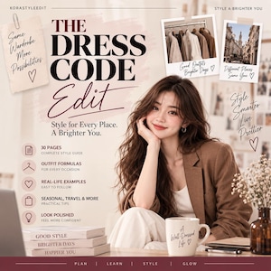 以下が含まれることがあります： The Dress Code Editと題された30ページのスタイルガイド。服装の公式、季節のヒント、実例に関するテキストが記載されています。表紙には、茶色のブレザーを着た人物、白いマグカップ、積み重ねられた本が写っています。