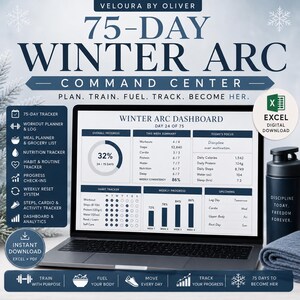 Puede incluir: Un portátil que muestra el panel de control 75-Day Winter Arc Command Center con gráficos de progreso, rastreadores de hábitos y métricas diarias. La pantalla muestra el día 24 de 75, registros de entrenamiento y datos nutricionales con un icono.