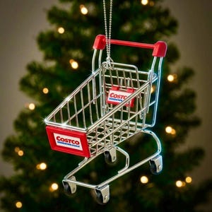 May include: A miniature metal shopping cart ornament featuring a silver wire frame, red plastic handle, and red plastic panels on the front and back. The Costco Wholesale logo is printed in red and blue on the front and back panels. It hangs from a silver chain.