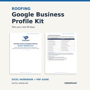 May include: A digital Roofing Google Business Profile Kit featuring a 90-day growth plan, an Excel workbook, and a PDF guide. The document includes a VersePilot logo, a detailed list of included and excluded services, and a 90-day action plan.