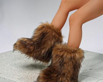 Platformlaarzen tot over de knie met imitatiebont | Comfortabele wintersneeuwschoenen voor dames | Kerstvakantie