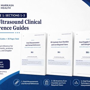 May include: A digital bundle of three OB Ultrasound Clinical Reference Guides totaling 30 pages. The guides cover Fetal Measurements and Normal References, OB Anatomy Scan Checklist and Core Required Views, and Fetal Doppler Technique and Interpretation.