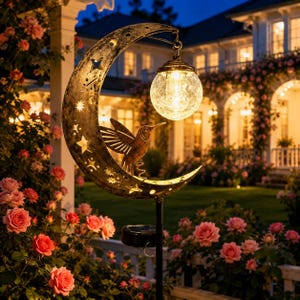 May include: A solar-powered garden stake featuring a crescent moon frame with star cutouts, a metallic hummingbird figure, and a hanging crackle glass globe light. The structure is mounted on a black pole with a solar panel attachment.