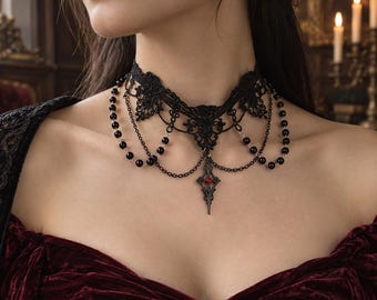Gothic Black Lace Choker Necklace  Halloween Dark Academia Jewelry   Witchy  Accessory