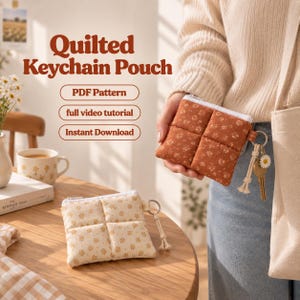 Puede incluir: Dos estuches cuadrados acolchados para llaves con estampados florales en naranja óxido y crema. Uno se sostiene en la mano y el otro descansa sobre una mesa de madera. El texto dice Quilted Keychain Pouch, PDF Pattern, full video tutorial, Instant Download.