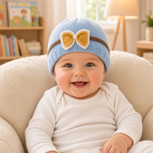 Op de afbeelding: Een lichtblauwe gebreide muts met een bruine horizontale band en een gele strik in het midden, versierd met een kleine witte parel. De muts heeft een geribbelde textuur en wordt gedragen door een lachende baby in een wit rompertje.