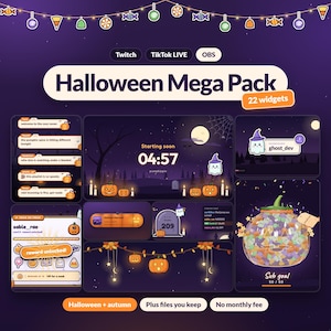 May include: A digital Halloween Mega Pack of 22 streaming widgets featuring purple backgrounds, pumpkins, ghosts, and autumn leaves. Includes chat boxes, a starting soon timer, sub goals, and reward notifications with text like Halloween Mega Pack.