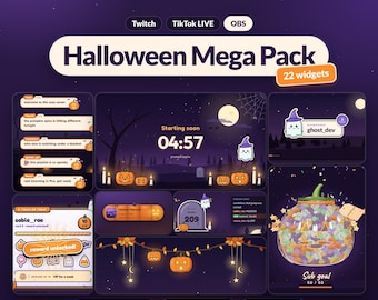Puede incluir: Un paquete digital Halloween Mega Pack de 22 widgets de streaming con fondos morados, calabazas, fantasmas y hojas de otoño. Incluye cuadros de chat, un temporizador, objetivos de suscripción y notificaciones de recompensas.