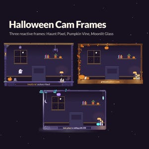 May include: Three digital Halloween cam frames titled Haunt Pixel, Pumpkin Vine, and Moonlit Glass. Each frame features a pixel art room interior with a window, shelves, and a bottom notification bar displaying text like kestrel subscribed.
