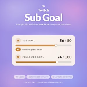 May include: A digital Twitch sub goal overlay graphic featuring a light purple gradient background. The interface displays a sub goal of 36/50 and a follower goal of 74/100 with progress bars, text indicating northline gifted 5 subs, and feature labels.