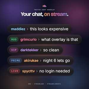 May include: A Twitch chat overlay graphic featuring a dark purple gradient background with the text "nb. TWITCH CHAT OVERLAY Your chat, on stream." Five horizontal chat message bars are displayed, each showing a username and a message.