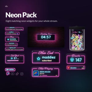 May include: A digital neon pack featuring eight stream widgets with glowing pink and blue light effects. Elements include chat boxes, a countdown timer, a sub goal tracker, a jar filled with neon stars, and a death counter with text overlays.