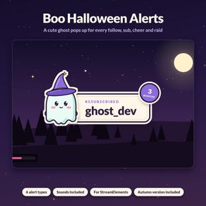 Op de afbeelding: Een digitale grafische weergave getiteld Boo Halloween Alerts met een witte geest die een paarse tovenaarshoed draagt. De interface toont de tekst RESUBSCRIBED, ghost_dev en een cirkelvormige badge met 3 MONTHS tegen een donkere nachtelijke lucht.