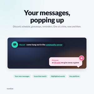 Op de afbeelding: Een digitale interface-afbeelding met de titel Your messages, popping up. Het toont twee chatbubbels: een turquoise Discord-bubbel met de tekst come hang out in the community server en een roze Giveaway-bubbel met de tekst at 50 subs we give away a game.