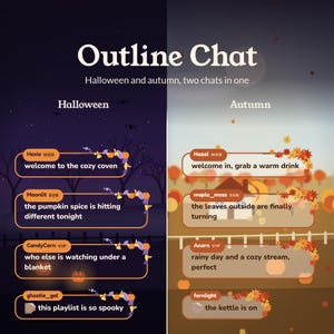 Pode incluir: Um gráfico digital intitulado Outline Chat apresentando dois painéis verticais. O lado esquerdo, rotulado como Halloween, mostra balões de chat roxo escuro com detalhes em laranja. O lado direito, rotulado como Autumn, mostra balões marrom-claros.