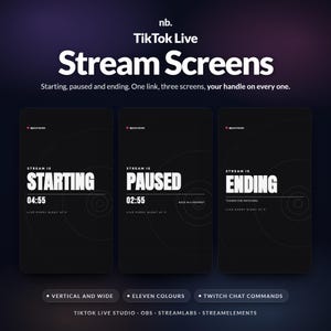 May include: A set of three black digital stream screens for TikTok Live featuring white text that reads STARTING, PAUSED, and ENDING. Each screen includes a countdown timer, a placeholder for a username, and subtle circular line graphics.