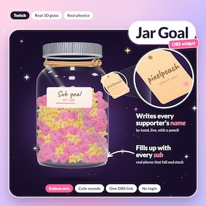 May include: A digital Jar Goal OBS widget featuring a glass jar filled with pink heart and yellow star shapes. The jar has a label reading Sub goal 37/50 and a tag labeled pixelpeach. Text includes Jar Goal, Writes every supporter's name, and Fills up with every sub.