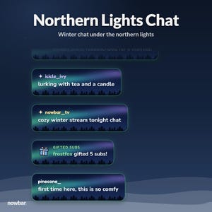 May include: A digital chat interface titled Northern Lights Chat with a dark blue background featuring a gradient aurora borealis pattern. The overlay displays multiple user messages and notifications with text including lurking with tea and a candle, cozy winter stream tonight chat, frostfox gifted 5 subs, and first time here, this is so comfy.