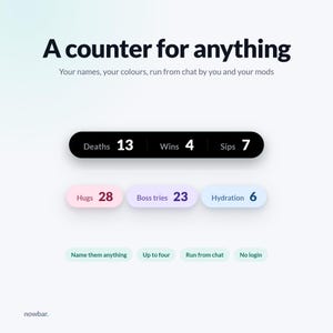 Könnte beinhalten: Eine digitale Benutzeroberfläche mit dem Titel A counter for anything, bestehend aus einem schwarzen Balken mit Deaths 13, Wins 4 und Sips 7. Darunter befinden sich drei pastellfarbene, abgerundete Schaltflächen für Hugs 28, Boss tries 23 und Hydration 6.