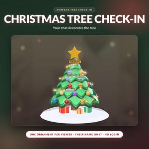 May include: A digital graphic titled CHRISTMAS TREE CHECK-IN featuring a green 3D Christmas tree topped with a yellow star. The tree is decorated with colorful ornaments labeled with names, glowing lights, and gift boxes at the base.