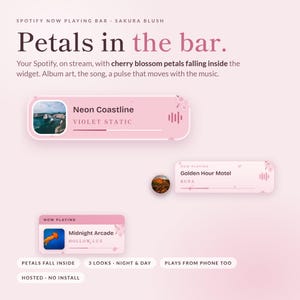 May include: A digital Spotify widget interface titled Petals in the bar, featuring a Sakura Blush theme with cherry blossom petals. It displays song titles like Neon Coastline, Golden Hour Motel, and Midnight Arcade with album art and audio pulses.