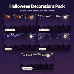 May include: A digital Halloween Decorations Pack featuring five animated scenes against a dark purple night sky with a full moon and forest silhouette. The scenes include Pumpkin Vine, Boo & Perched, Moonlit, Cobwebs, and Candy Garland.