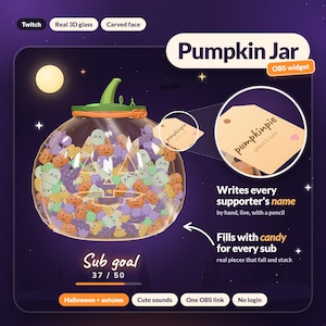 May include: A digital Pumpkin Jar OBS widget for Twitch featuring a glass jar filled with colorful candy shaped like ghosts and pumpkins. The jar has a green lid, a carved face, and a tag labeled pumpkinpie. Text includes Sub goal 37 / 50.