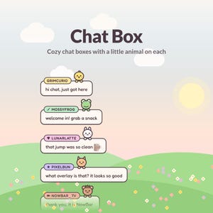 Op de afbeelding: Een digitale grafische weergave getiteld Chat Box met vijf gestapelde chatboxen met dierenpictogrammen. Elke box bevat een gebruikersnaam en tekst: GRIMCURIO met een kuikentje, MOSSYFROG met een kikker, LUNARLATTE met een konijn, PIXELBUN met een kat en NOWBAR_TV met een beer.