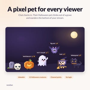 Puede incluir: Un gráfico digital titulado A pixel pet for every viewer con personajes de Halloween en pixel art que incluyen una calavera, calabaza, fantasma, murciélago, bruja y gato bajo una luna llena. El texto incluye etiquetas como 12 Halloween creatures.