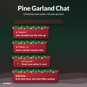 Può includere: Un'interfaccia di chat digitale intitolata Pine Garland Chat con il sottotitolo Christmas chat under a lit pine garland. Quattro caselle di messaggio rosse sono decorate con rami di pino, ornamenti colorati e fiocchi rossi.