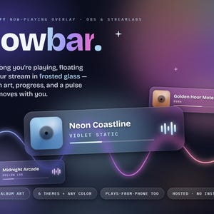 Puede incluir: Una superposición digital de Spotify para OBS y Streamlabs con paneles de vidrio esmerilado que muestran portadas de álbumes, títulos, artistas y barras de progreso sobre un fondo degradado púrpura con un gráfico de onda brillante.
