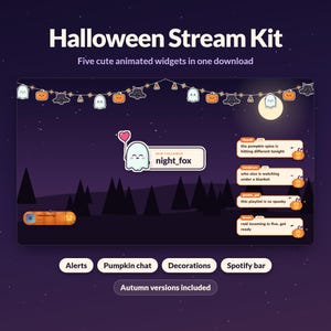 Op de afbeelding: Een Halloween-streamkit met vijf geanimeerde widgets, waaronder een lichtsnoer met spoken, pompoenen en vleermuizen, een volgersmelding met een spookje met een hartje, chatboxen met pompoenpictogrammen en een muziekbalk met herfstversies.