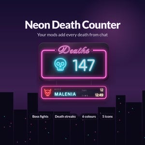 Puede incluir: Una pantalla digital Neon Death Counter con un marco estilo neón rosa, un icono de calavera cian y el número 147. Debajo, un panel secundario muestra Boss Malenia, Try 12 y Time 12:49. El texto incluye Neon Death Counter y etiquetas de funciones.